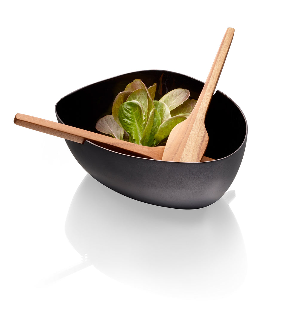 Kleine bootsförmige Servierschale mit Salatbesteck aus Holz – Boat von Philippi Design