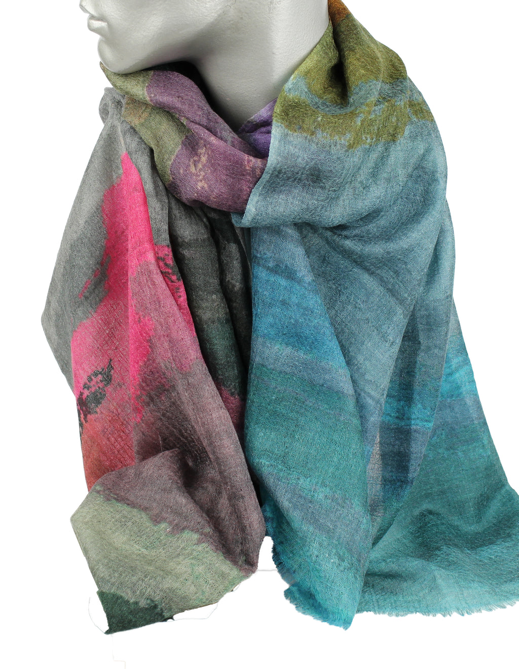 Scarf - wool/silk - Green - Fuchsia blend - 33142B