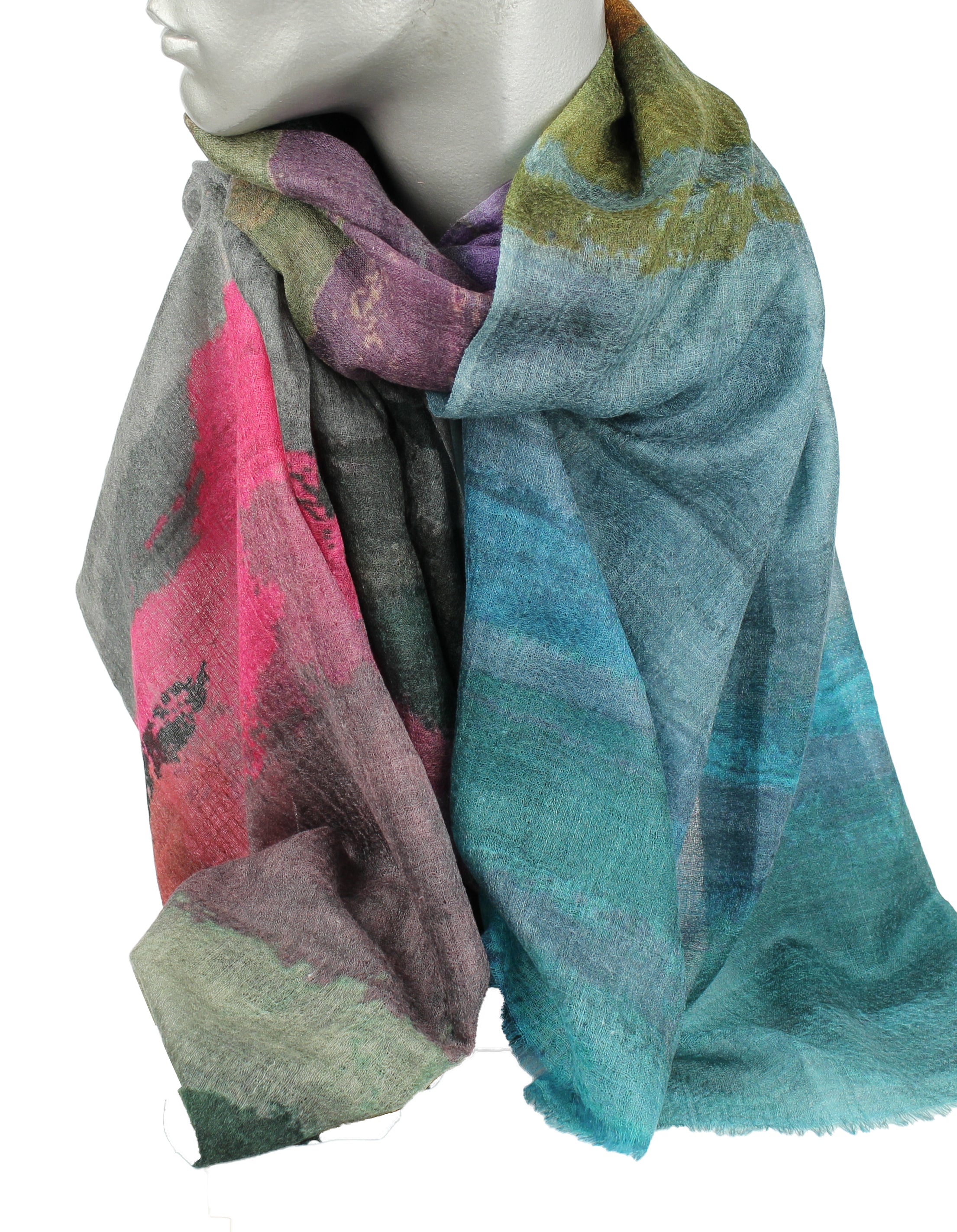 Scarf - wool/silk - Green - Fuchsia blend - 33142B