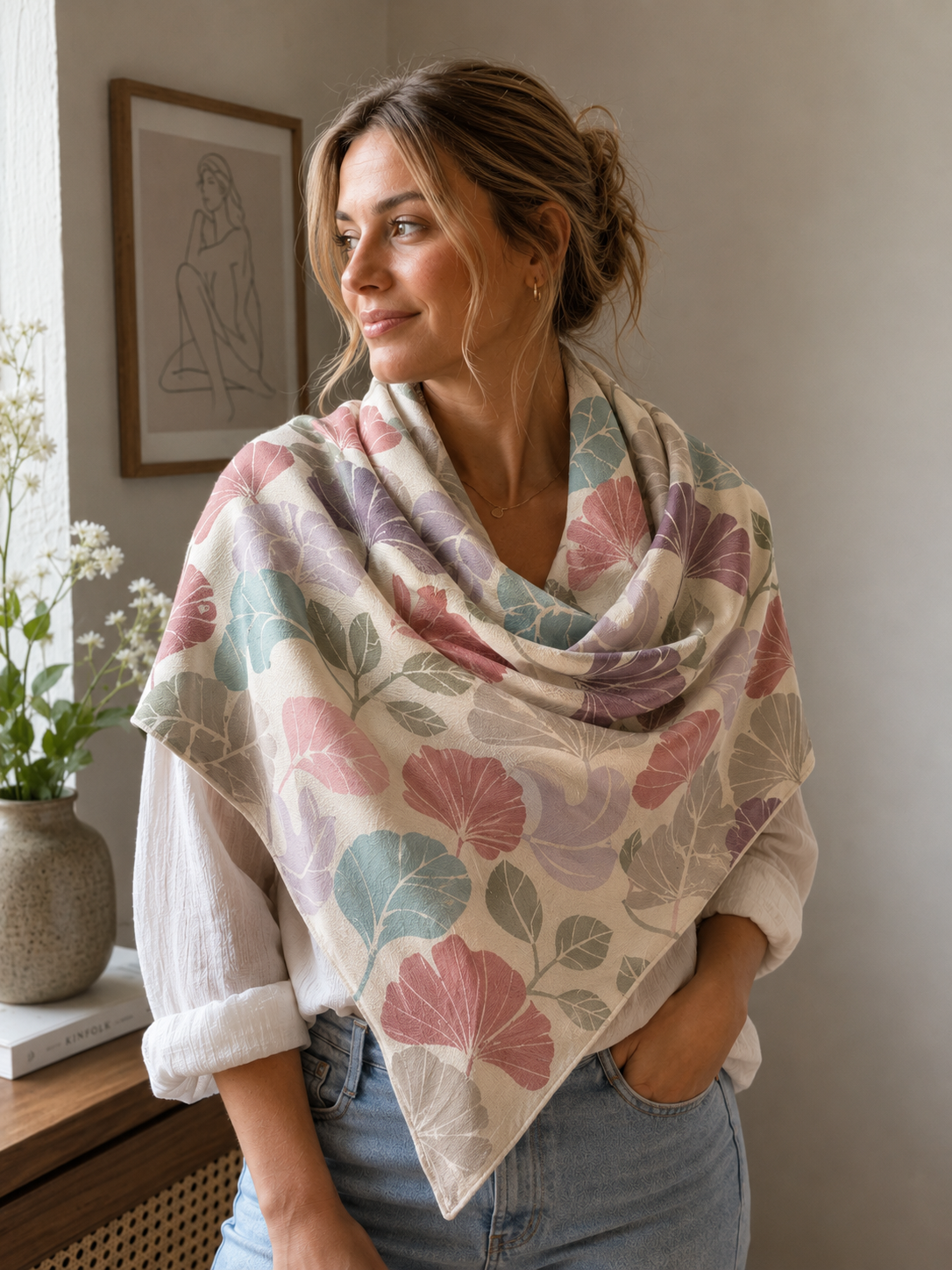 Aperitif Shawls – Botanic Harmony silk scarf – 100% silk – soft leaf pattern